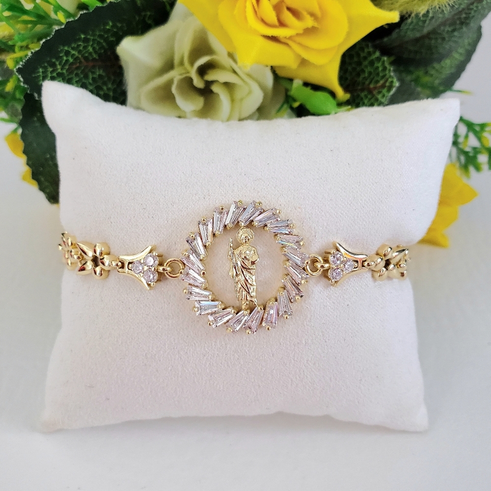 St Jude Round Crystal Gold Plated Bracelet